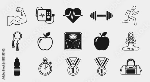 Achieve your wellness goals with these modern fitness and healthy living icons, perfect for any health-focused project.