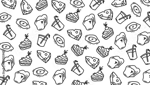 Hand drawn food doodle pattern background with drinks bread cheese cake and eggs