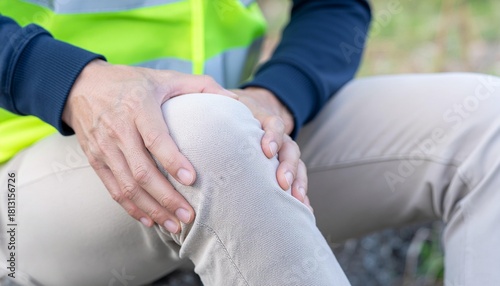 Close-up of construction worker's knee pain, highlighting injury and discomfort