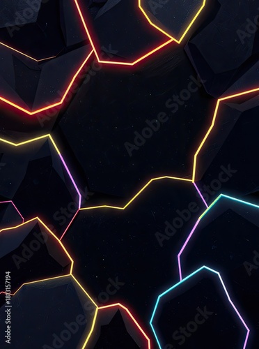 Abstract illustration showcases a fragmented design featuring dark, polygonal forms with glowing, multicolored lines that intersect.