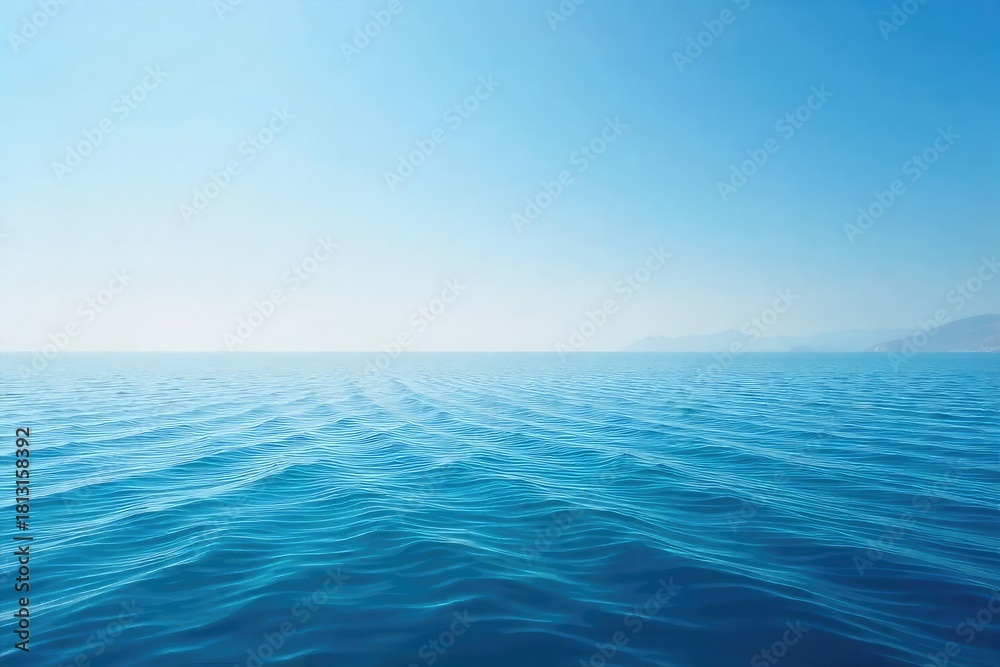 Obraz premium Vast, tranquil ocean scene; endless blue water meets the hazy horizon line Perfect for travel, nature, and serenity themes Sunrise or sunset could enhance the image , ocean, distance, aquatic