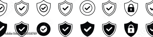 Security Protection and Checkmark Icons Set: shields, locks, and confirmation symbols for secure data, guarantee, approval, and verified status, vector graphic elements on white.