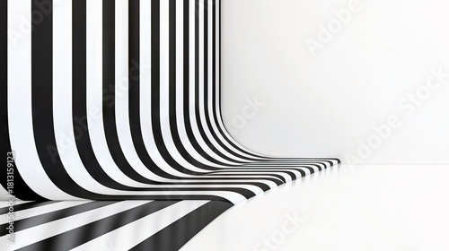 A seamless studio backdrop features bold black and white vertical stripes that curve from a wall onto a floor, creating a dynamic visual.