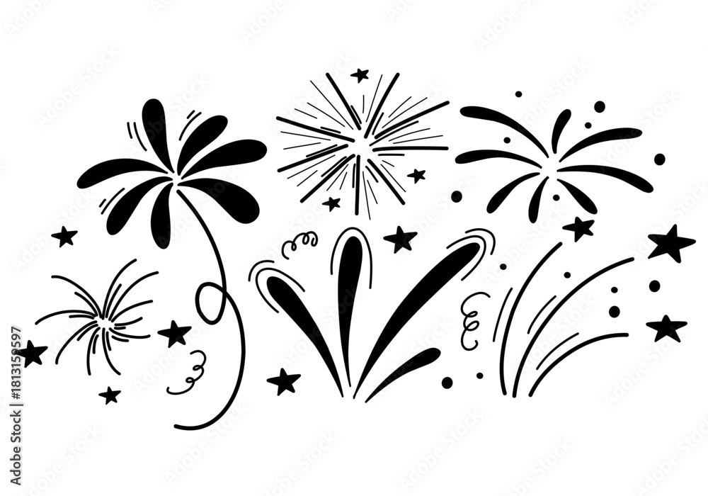 Fototapeta premium Hand-drawn doodle of fireworks in black-white isolated for celebrating, festival and new years design.