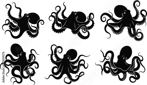 Black octopus silhouette illustration, marine animal vector art, underwater sea creature design, aquatic wildlife graphic, ocean tentacle artwork, abstract ink drawing