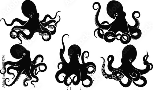 Black octopus silhouette illustration, marine animal vector design, underwater sea creature artwork, ocean wildlife graphic, aquatic tentacle art decoration