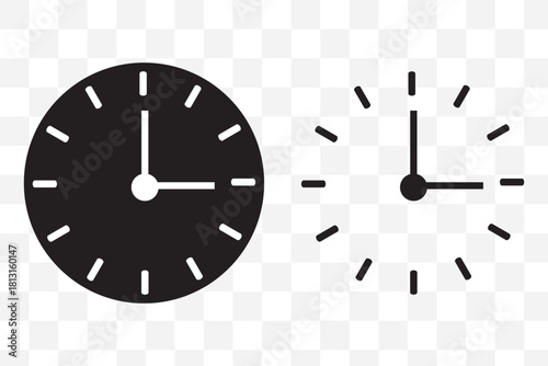 Black and white wall clock icons, vector illustration of analog timepieces, modern round clock designs, isolated watch face set for decor