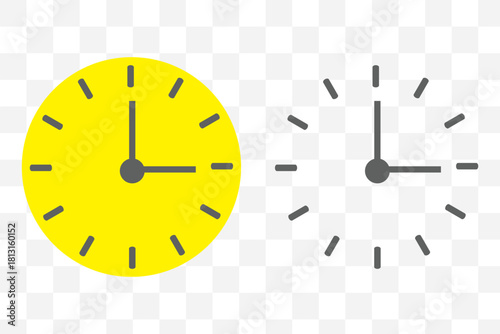 Black and white wall clock icons, vector illustration of analog timepieces, modern round clock designs, isolated watch face set for decor