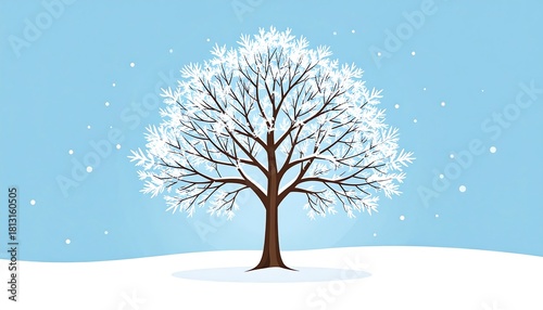 Winter landscape featuring a snow-covered tree against a light blue sky backdrop