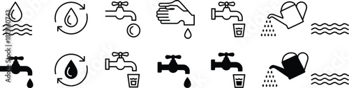 Water Conservation and Usage Icons Set, Clean Drinking Water, Irrigation, Washing Hands, Faucet, Drop, Refresh, Recycle, Vector Outline, and Solid Glyphs.