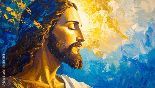 Jesus Christ with Radiant Halo, dressed in a robe, Abstract Acrylic Painting in Blue and Gold.