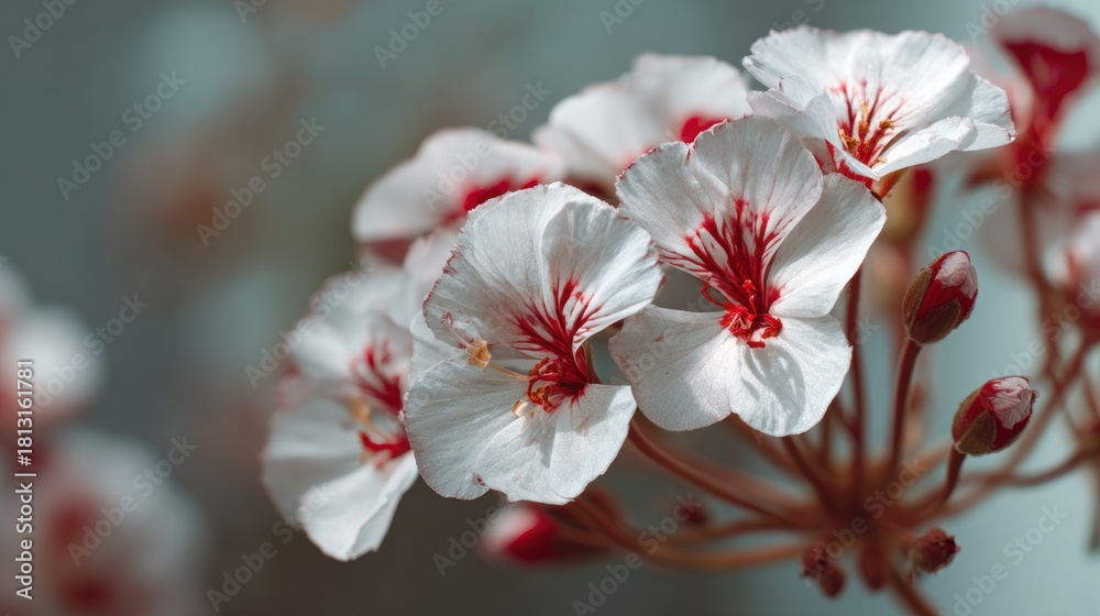 Obraz premium Delicate white geranium flowers blooming in natural light, showcasing vibrant colors