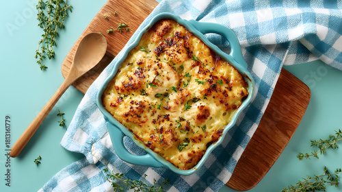 Macaroni and cheese with chicken baked in a square dish on a wooden board on a light blue background. Illustration of a cooking recipe background.