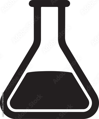 Erlenmeyer flask vector icon with dark liquid inside a glass container for scientific research and experiments