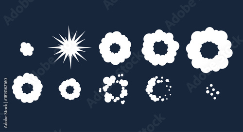Cartoon Explosion Smoke Frame Sequence, White Anime Style Dust Cloud Puff and Spark Burst Transition Effect for Game Animation or Comic Book 
