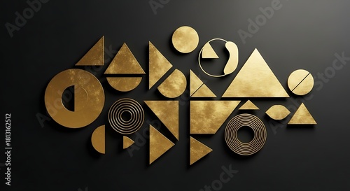 Gold Geometric Shapes Abstract Composition on Black