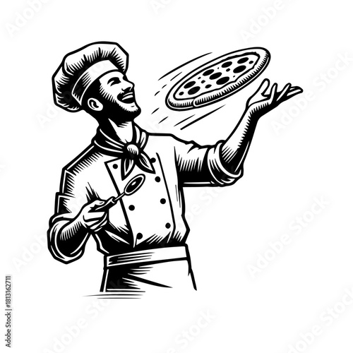 Professional Pizza Chef preparing Pizza. Black and White Vector Illustration, ideal for a logo.