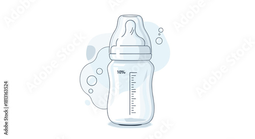 Illustration of a clear baby bottle with measurement markings and a soft nipple.