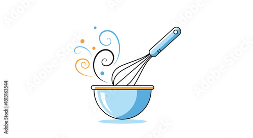 Cartoon illustration of a whisk mixing ingredients in a light blue bowl with swirling steam or batter.