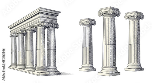 Collection of classical Greek columns, both a full colonnade and individual examples.
