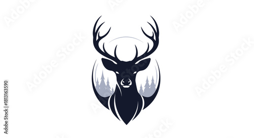 Stylized dark blue deer head with antlers and forest silhouette within an oval frame on a white background.
