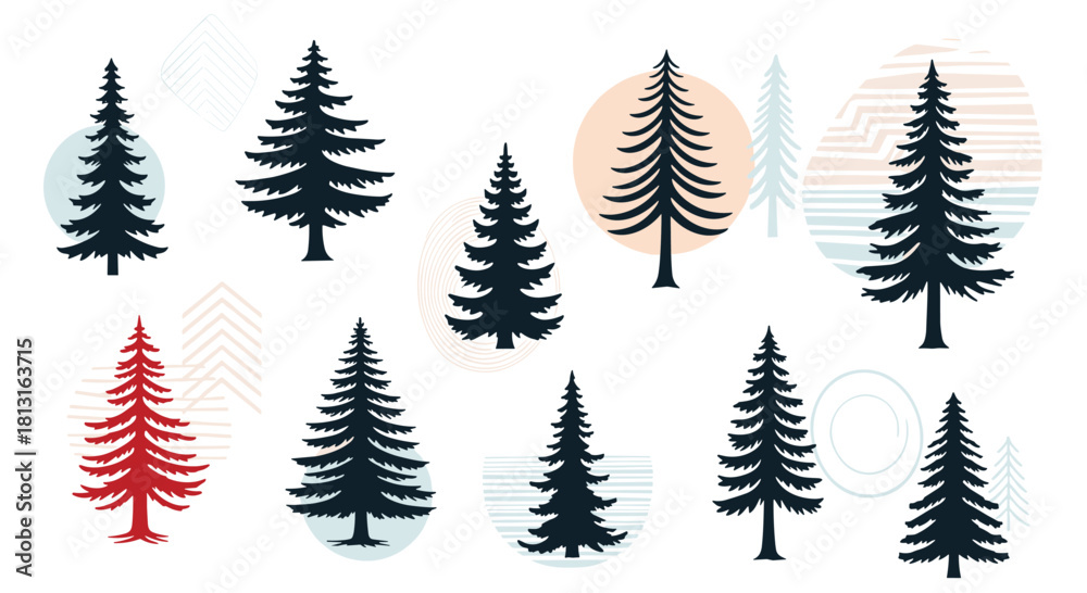 Obraz premium Abstract minimalist evergreen trees with geometric and circular background elements.