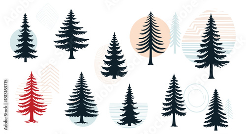 Abstract minimalist evergreen trees with geometric and circular background elements.