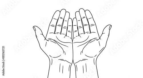 Line drawing of two open hands held upwards as if to receive or pray.