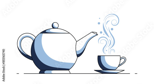 Illustration of a teapot pouring steaming liquid into a cup and saucer on a white background.