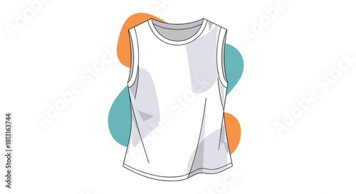 Stylized illustration of a white sleeveless t-shirt with abstract colorful blobs in the background.
