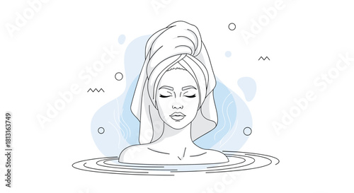 Stylized line art of a woman with a towel on her head submerged in water, evoking a spa or self-care theme.