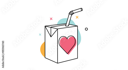 Hand-drawn illustration of a juice box with a heart symbol and straw.