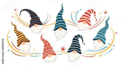 A whimsical collection of seven gnomes wearing colorful striped and dotted hats, adorned with festive sparkles and swirling lines.