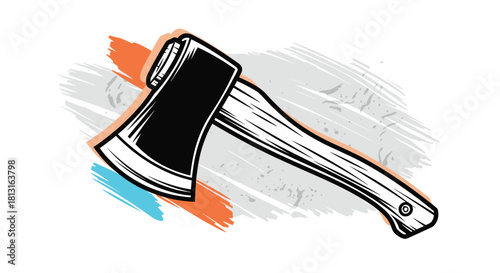 Stylized illustration of a black axe with a wooden handle and abstract brush strokes in orange, gray, and blue.