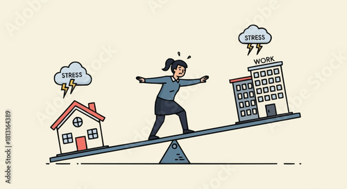Woman balancing work and home life stress on a seesaw.