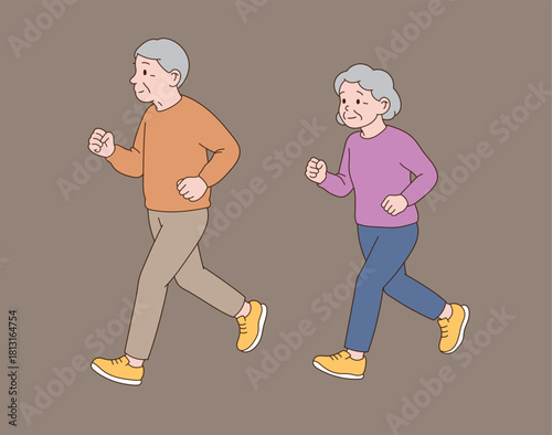 An elderly couple is doing a slow running exercise. Minimal line illustration style.