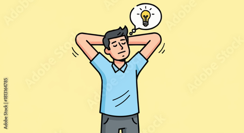 Man Relaxing with Hands Behind Head and Idea Lightbulb Above.