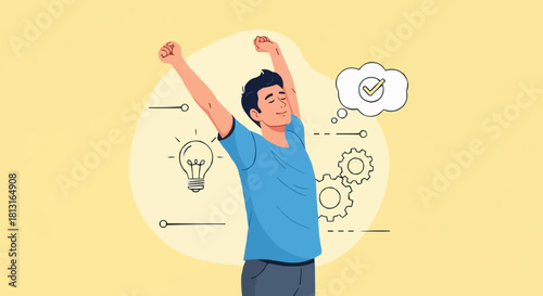 Young man stretching and waking up with new ideas and motivation.