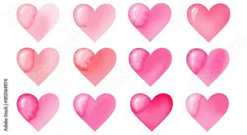 watercolor pink hearts varied textures and shades artfully arranged on white background conveying love romance and valentines day themes.
