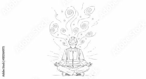 Meditating Person with Thoughts Emanating, Line Art Illustration.
