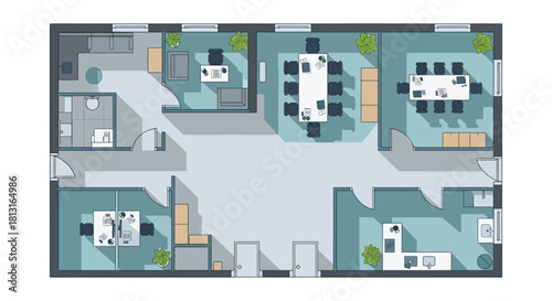 modern office floor plan layout top-down view showcasing a functional commercial workspace featuring meeting rooms private offices and reception area ideal for architectural design.