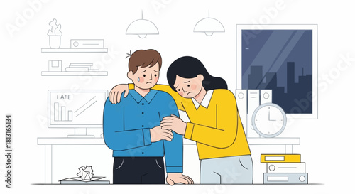 Woman Comforts Sad Man In Office Setting.