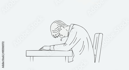 Person Leaning on Desk - Exhaustion and Overwork Depicted in Line Art.