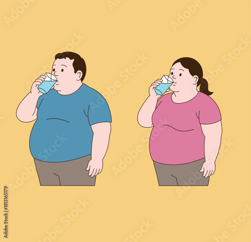 An obese couple is drinking water. Minimal line illustration style.