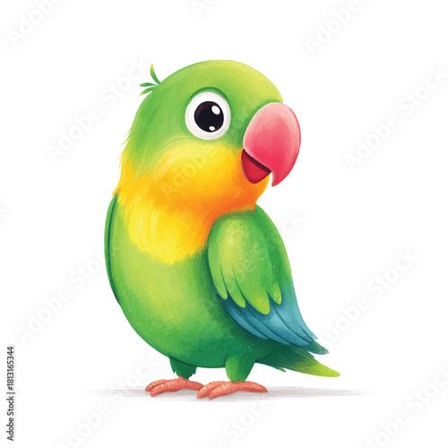 Cute Cartoon Parrot Illustration. Adorable Green Bird Character.