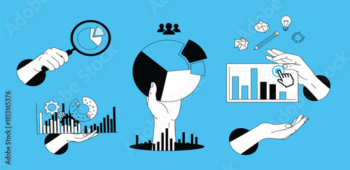 Comprehensive data analysis and business intelligence concept, illustrating strategic planning, market research, and innovative solution development with teamwork elements