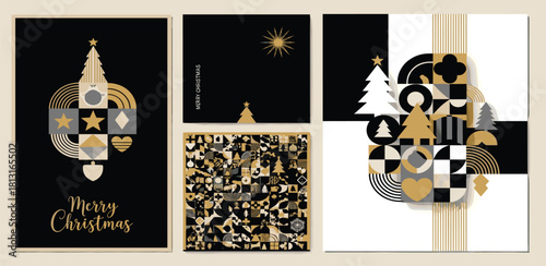 Elegant collection of modern geometric holiday designs, featuring abstract Christmas trees and festive motifs with a sophisticated black, gold, and white palette