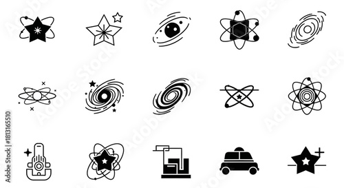Dynamic collection of science, space, and abstract icons representing atoms, galaxies, and innovation for modern design projects and educational materials.