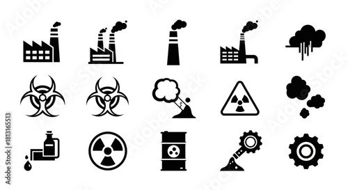 Industrial pollution and hazard symbols collection for environmental safety awareness and industrial risk communication