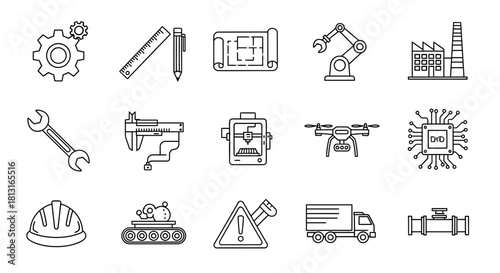 Dynamic industrial icons showcase modern manufacturing, technology, and engineering concepts with clean, professional design for digital projects.